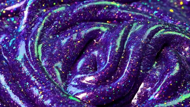 Vibrant purple liquid background with holographic glitter macro texture viscous slime mixing satisfying tactile aesthetic creative art copy space