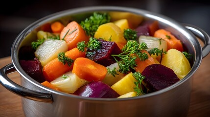 A colorful pot of vibrant cooked root vegetables garnished with fresh parsley ready to serve