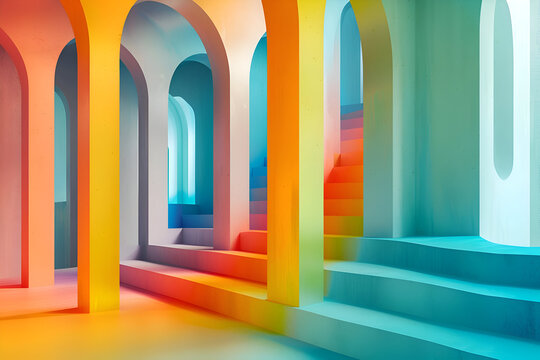 Labyrinthine multilevel arches with vibrant colors in modern architecture design