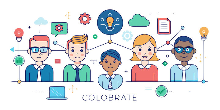 Diverse group of five business people, three men and two women, collaborate on project with central idea bulb, gear, and document icons symbolizing teamwork and innovation