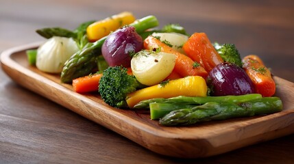 Colorful steamed mixed vegetables including asparagus broccoli carrots and red onions presented on a rustic wooden platter