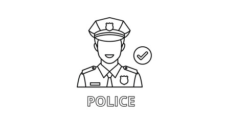 Simple line drawing of a police officer with a checkmark symbol © Saidul_Studio1984