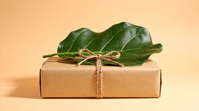 Gift box with green leaf and natural twine on beige background