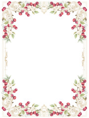 Fototapeta premium Watercolor ornamental frame with cherry and green leaves, transparent PNG, wedding design, elegant vintage style