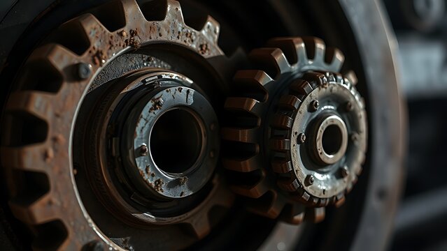 susceptibility. A rusted mechanical gear assembly with one jammed gear, metallic textures, industrial aesthetic. safety posters.