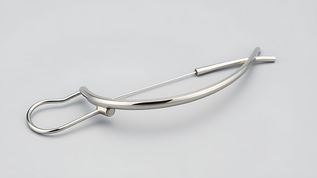 shortcoming. A stainless steel dental facebow isolated on a neutral background. STEM education sheets, lab safety posters, designed for biotech research communications, used by nutritionists.