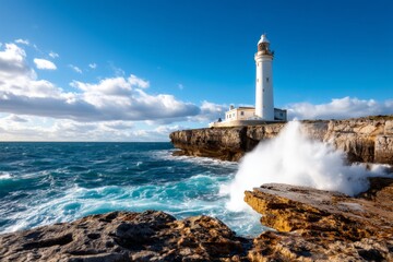 Obraz premium Majestic Lighthouse Standing Alone on Cliff Overlooking Turbulent Waves Below