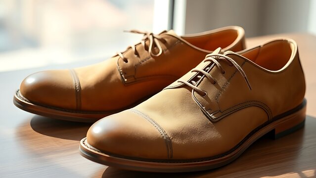 nubuck. A pair of light brown nubuck leather shoes showing fine texture and patina. lifestyle magazines, social media lookbooks, designed for lifestyle magazines and social media content.