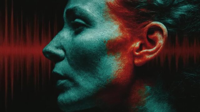 Person hearing sound waves, abstract red background