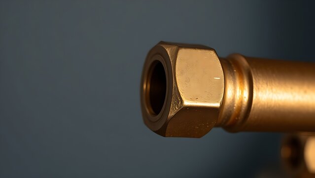 flippant. Close-up of a shiny brass joint connecting two copper pipes. safety posters, maintenance manuals, designed for industrial assembly lines and welding operations, used by engineers.