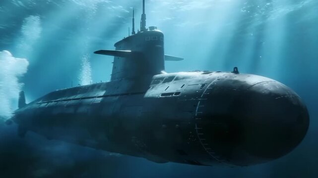 massive nuclear submarine navigating deep underwater video