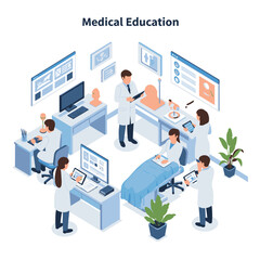 Medical professionals in a modern educational setting with technology.