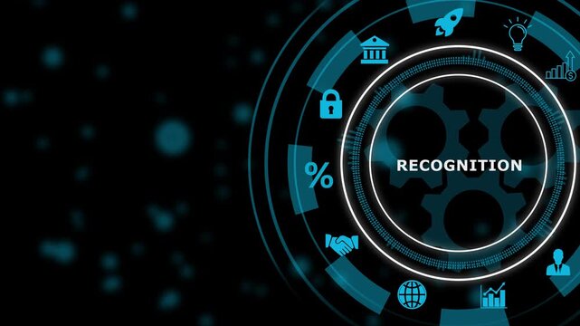 Digital infographic diagram with Recognition text and technology icons on dark background natural language processing, 4k video