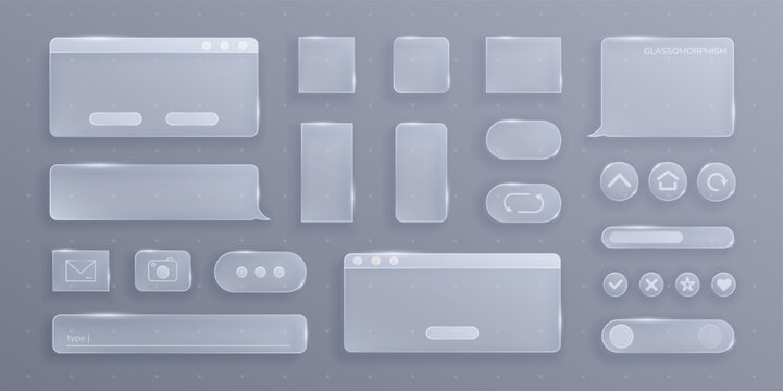 Vector glassmorphism UI elements with transparent interface panels, buttons, sliders and icons on dark background. Clean futuristic design ideal for apps, dashboards and web interfaces.
