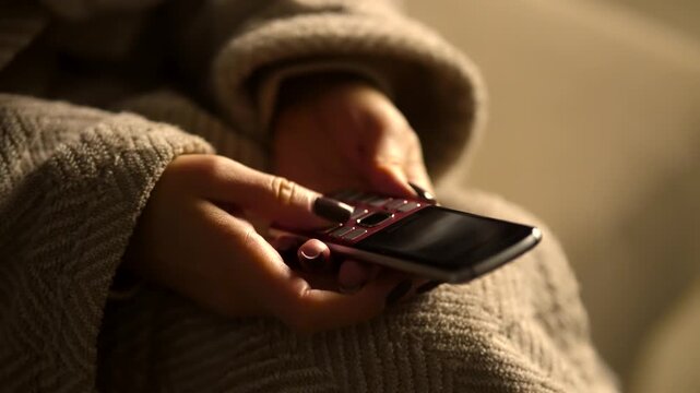 Typing Message On Classic Push Button Mobile Phone. Vintage Cellphone Technology