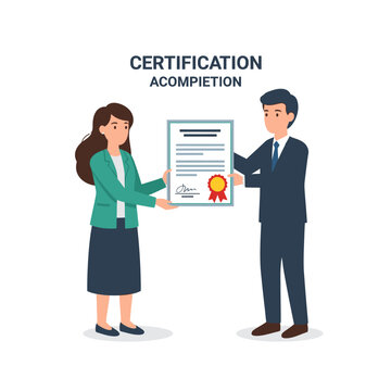 Man and woman exchanging a certificate with a red seal.