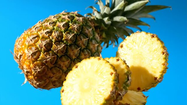Fresh pineapple fruit slices displayed against vibrant blue background