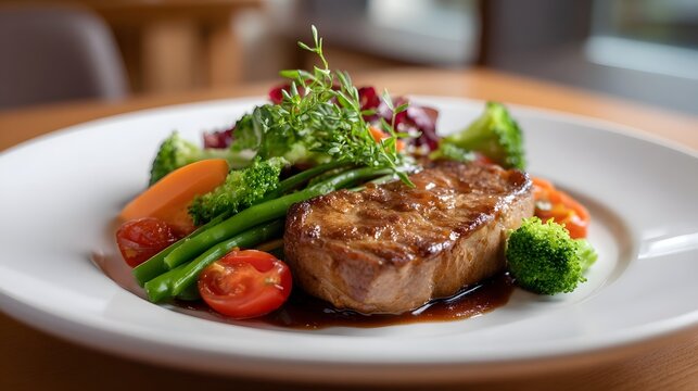 A perfectly cooked steak with a glossy glaze served with a colorful assortment of fresh vegetables on a white plate