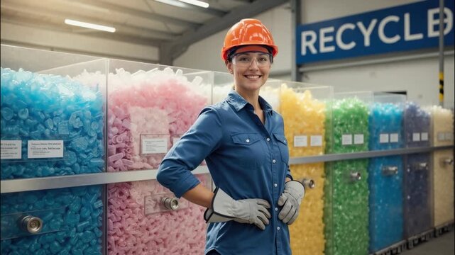 Confident female worker in plastic recycling factory. Industrial engineer in hard hat standing by sorted raw materials for sustainable waste management