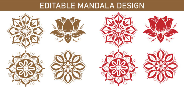 Editable mandala design elements with lotus flowers and floral patterns for graphic design  various mandalas in brown and red on white