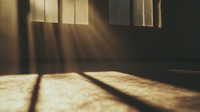 Sunlight beams cut through gridded industrial windows, casting long shadows and warm golden patterns on a dusty concrete floor, evoking hope, freedom, and new beginnings