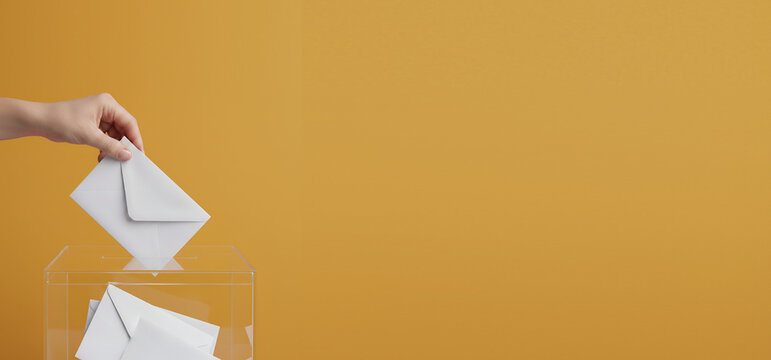 Main d&eacute;posant un bulletin de vote dans une urne transparente lors d'une &eacute;lection d&eacute;mocratique