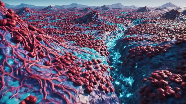 Sweeping aerial view simulating a drone shot over vast red and cyan colored organic bacterial clusters resembling an alien biological landscape concept, system, seamless loop