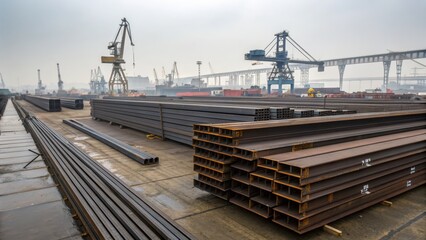 Naklejka premium Industrial Steel Beams and Pipes at a Shipping Yard in Urban Setting