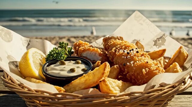 A delicious basket of fish and chips on a wooden table at the beach. Traditional British seaside meal with a sunny ocean background. Summer vacation food concept