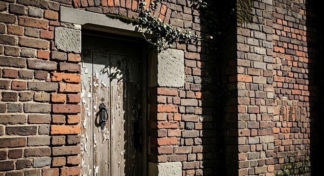 Old Wooden Door in Brick Wall.