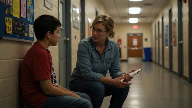 School counselor talking with boy on hallway bench, supportive conversation, education and mental health theme, warm light, documentary feel, room for message