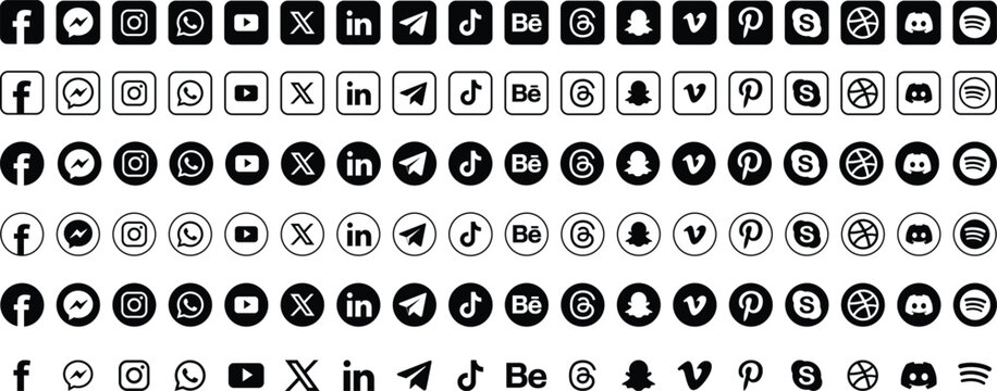 New updated 2026 social media icons set black & white_Facebook, WhatsApp, Instagram, X, LinkedIn, YouTube, TikTok and many more icon pack