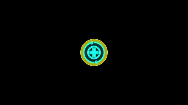 Futuristic neon plus sign icon with rotating arrows animation loop