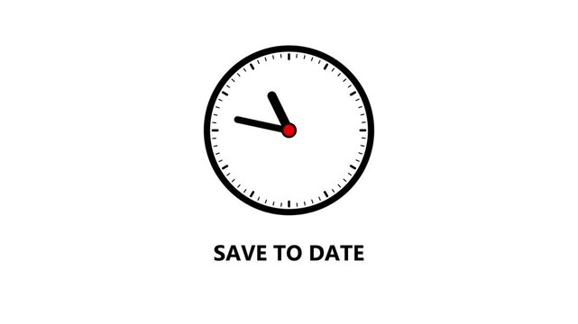 Clock with Save the Date text on a white background time event