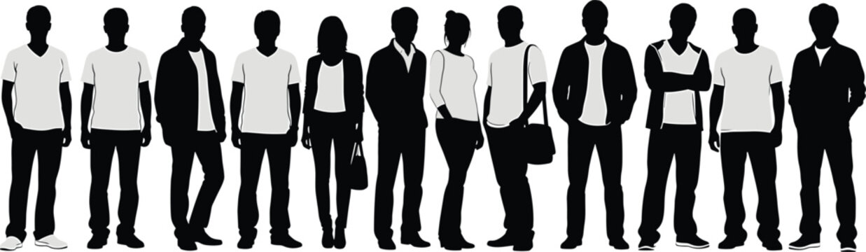 Silhouettes of people standing in casual clothes silhouettes, people, standing, casual, clothes, black, white, group, diverse, adults, men, women, fashion, simple, figures, human, body, shapes, collec