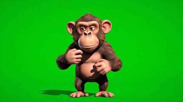 Pensive Cartoon Monkey Character Standing on Green Screen Background with Thoughtful Expression Under Bright Lighting
