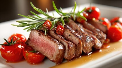 Juicy slices of grilled steak with cherry tomatoes and rosemary garnish on plate.