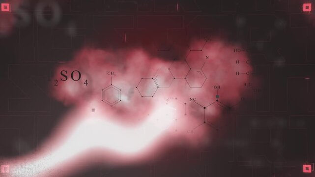 Chemical molecular structures and formulas with red smoke and energy