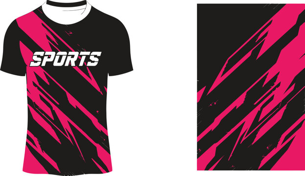 Modern black and vibrant pink abstract sports jersey design template showcasing dynamic graphic elements perfect for esports teams and athletic wear branding