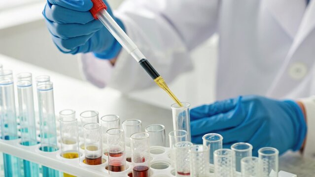Laboratory technician using a pipette to transfer liquid into test tubes with various colored liquids.