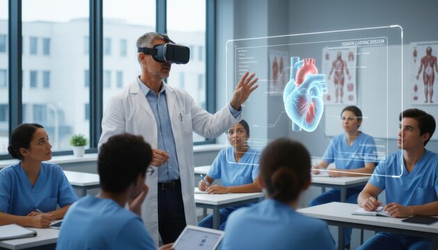 Medical professor uses VR/AR technology to lecture students on the human cardiac system anatomy, demonstrating a 3D heart model.