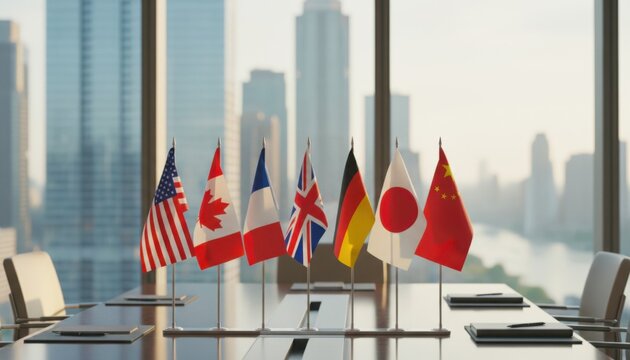 Miniature world flags line a glossy conference table in a modern high-rise boardroom overlooking a city skyline.