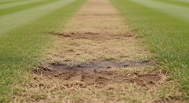 Close-up view of a worn cricket pitch with dry grass and dirt.