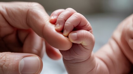 Iconic image of a newborn baby's tiny hand gripping an adult's finger, symbolizing trust, new life, family bonds, and delicate strength