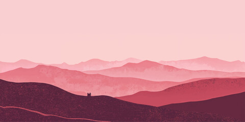 Pink vector mountain landscape at sunset with a misty forest valley and clouds drifting over the peak during a sunrise horizon view © mahabubmorshed