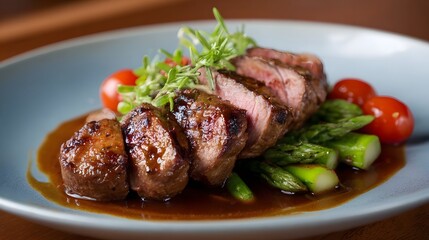 Beautifully plated sliced steak with asparagus and cherry tomatoes in a rich glaze on a blue restaurant plate