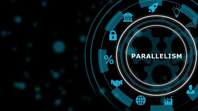 Digital infographic diagram with Parallelism text and technology icons on dark background natural language processing, 4k video