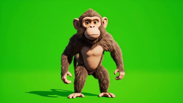 Cartoon Monkey Standing on Green Screen Background with Realistic Fur Detail