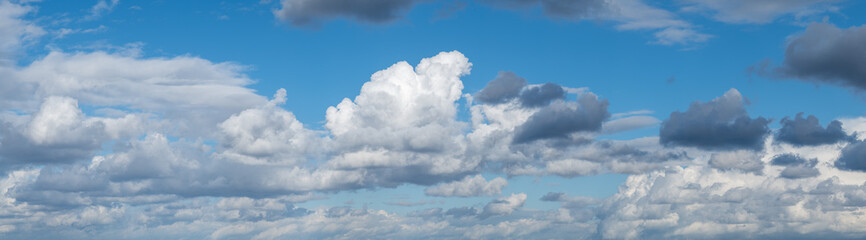 Panoramic blue sky with layered white clouds