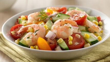 Fresh shrimp salad with tomatoes, cucumber, corn, and dill in a white bowl.